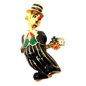 Enamel Clown Top Hat & Bouquet Brooch Pin Black Gold Tone Red Green Flowers